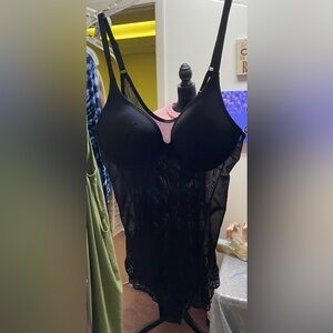 Slimers Bodysuit with sheer torso, push-up bra, 3-hook closure, lace at legs